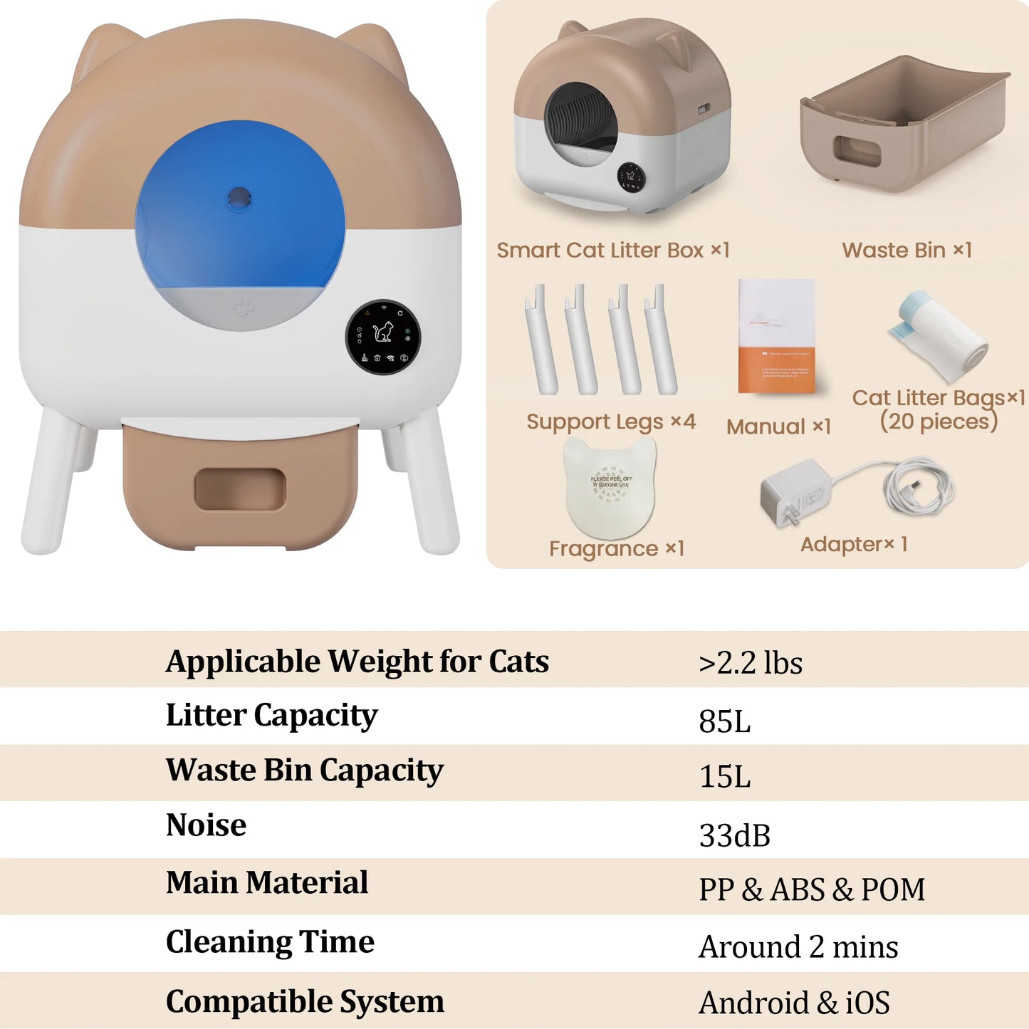 Self Cleaning Cat Litter Box, Extra Large Capacity Automatic Litter Box for Multiple Cat, App-Controlled with Odor Removal & Safety Protection (Includes Trash Bags)