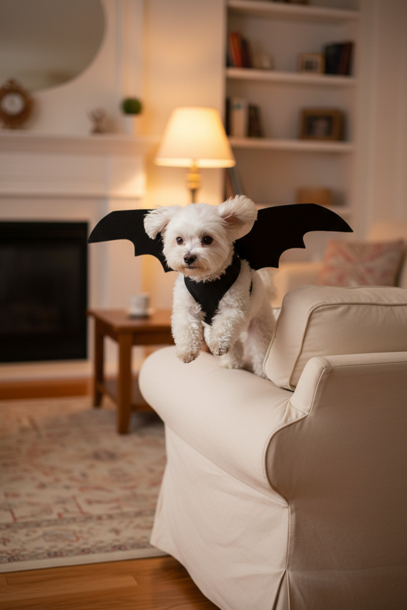 Small dog in the Batwings Halloween costume mid-leap with wings spread
