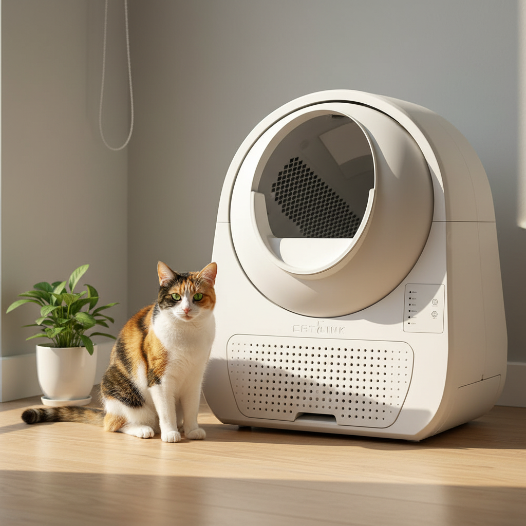 Vessel Tech Smart Self-Cleaning Litter Suite in Arctic White, with a cat beside it, interior view
