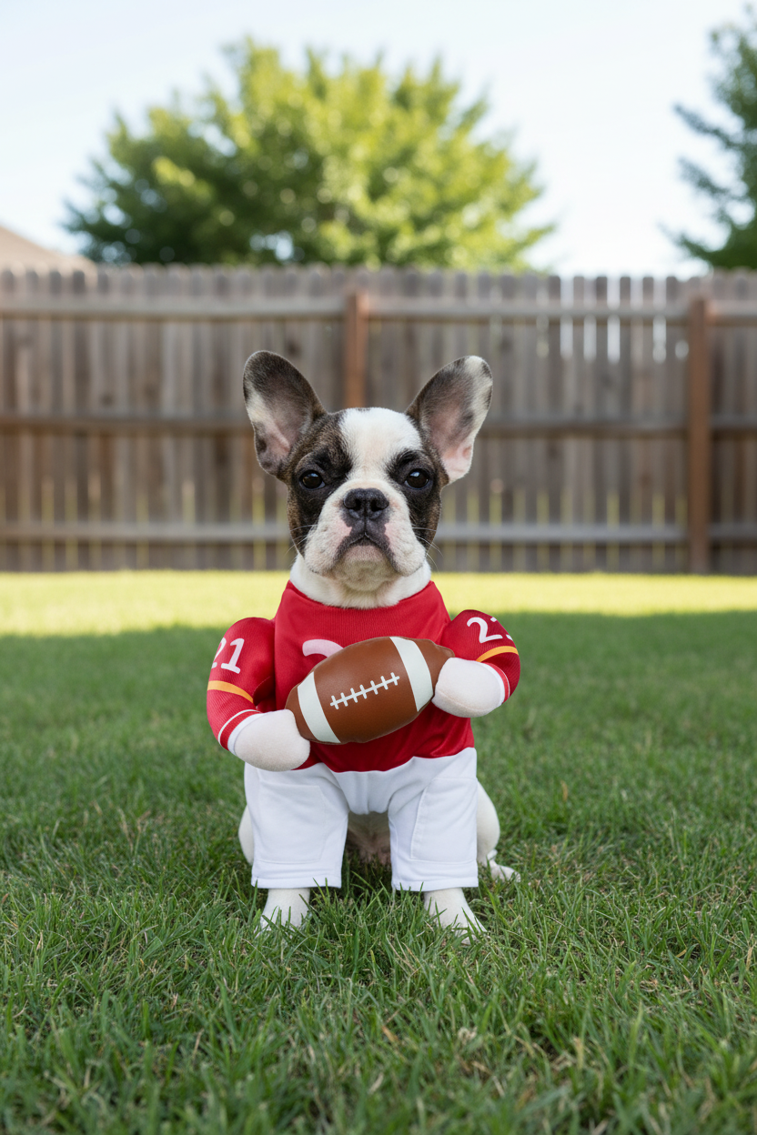 French bulldog wearing the football player Halloween costume playing in a backyard