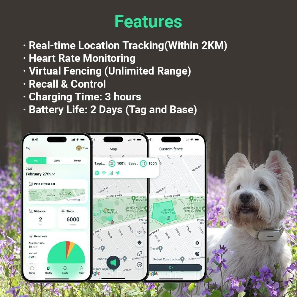 Vessel Tech Smart Pet Collar with GPS and health monitoring features, displayed with a dog indoors.
