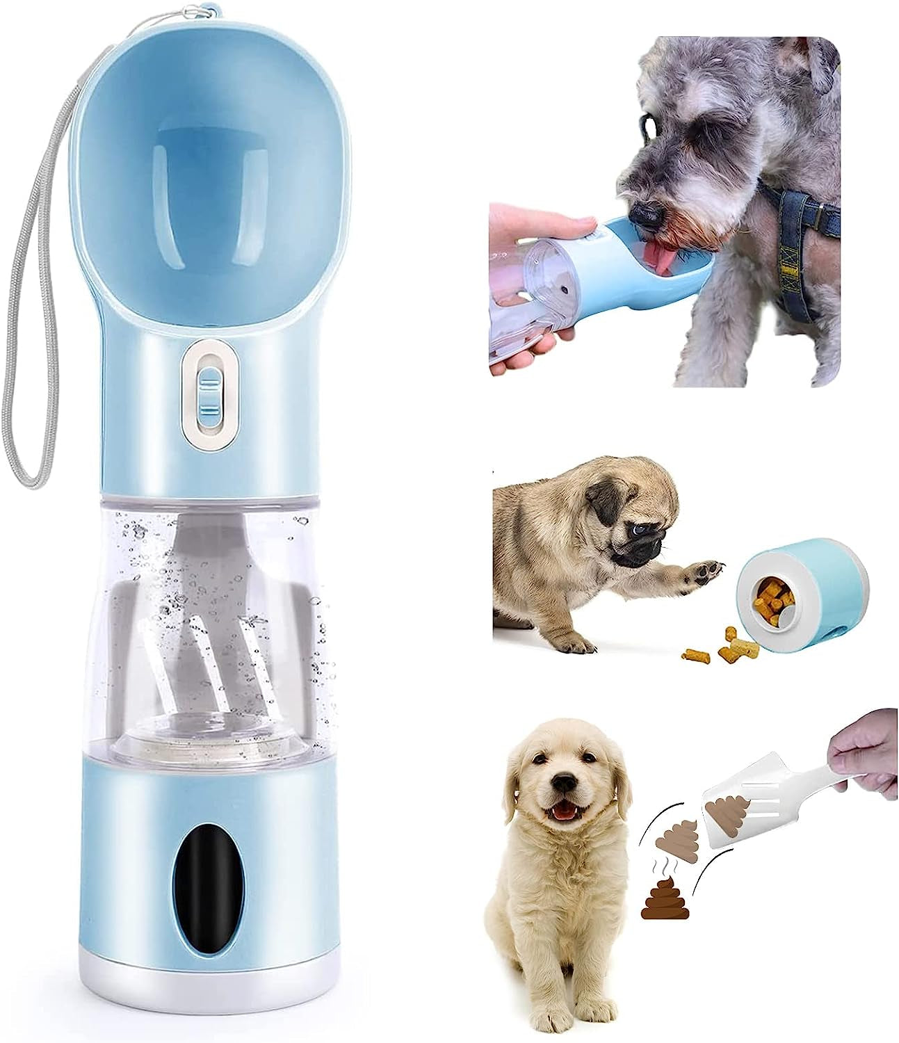 Ultimate 4-in-1 Portable Dog Water Bottle - Leakproof Travel Dispenser with Feeder, Waste Bag, and Poop Shovel for Pets on the Go - Perfect for Hiking and Walking in Blue