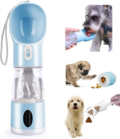 Ultimate 4-in-1 Portable Dog Water Bottle - Leakproof Travel Dispenser with Feeder, Waste Bag, and Poop Shovel for Pets on the Go - Perfect for Hiking and Walking in Blue