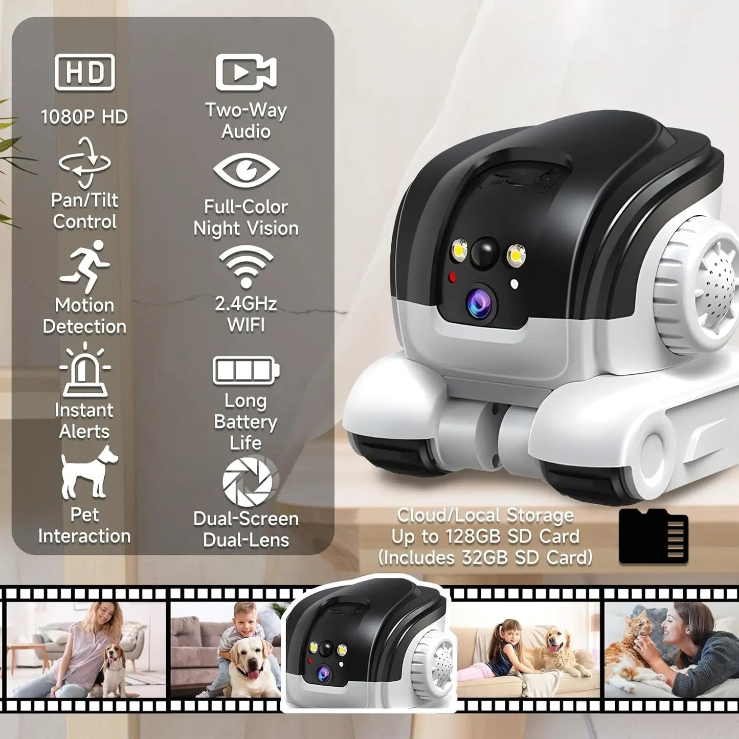Wags & Whiskers Pet Supply Vessel Tech RoamView Smart Pet Camera showing features and specifications