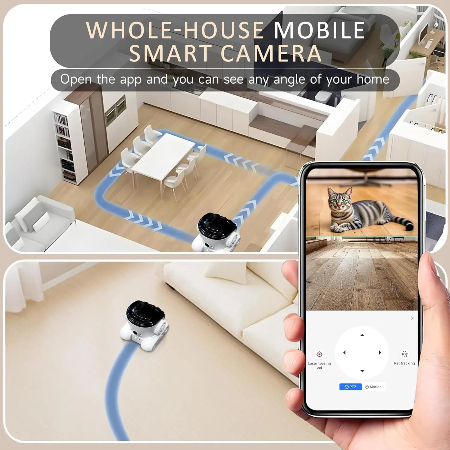 Wags & Whiskers Pet Supply Vessel Tech RoamView Smart Pet Camera shown in a home setting, mobile app interface
