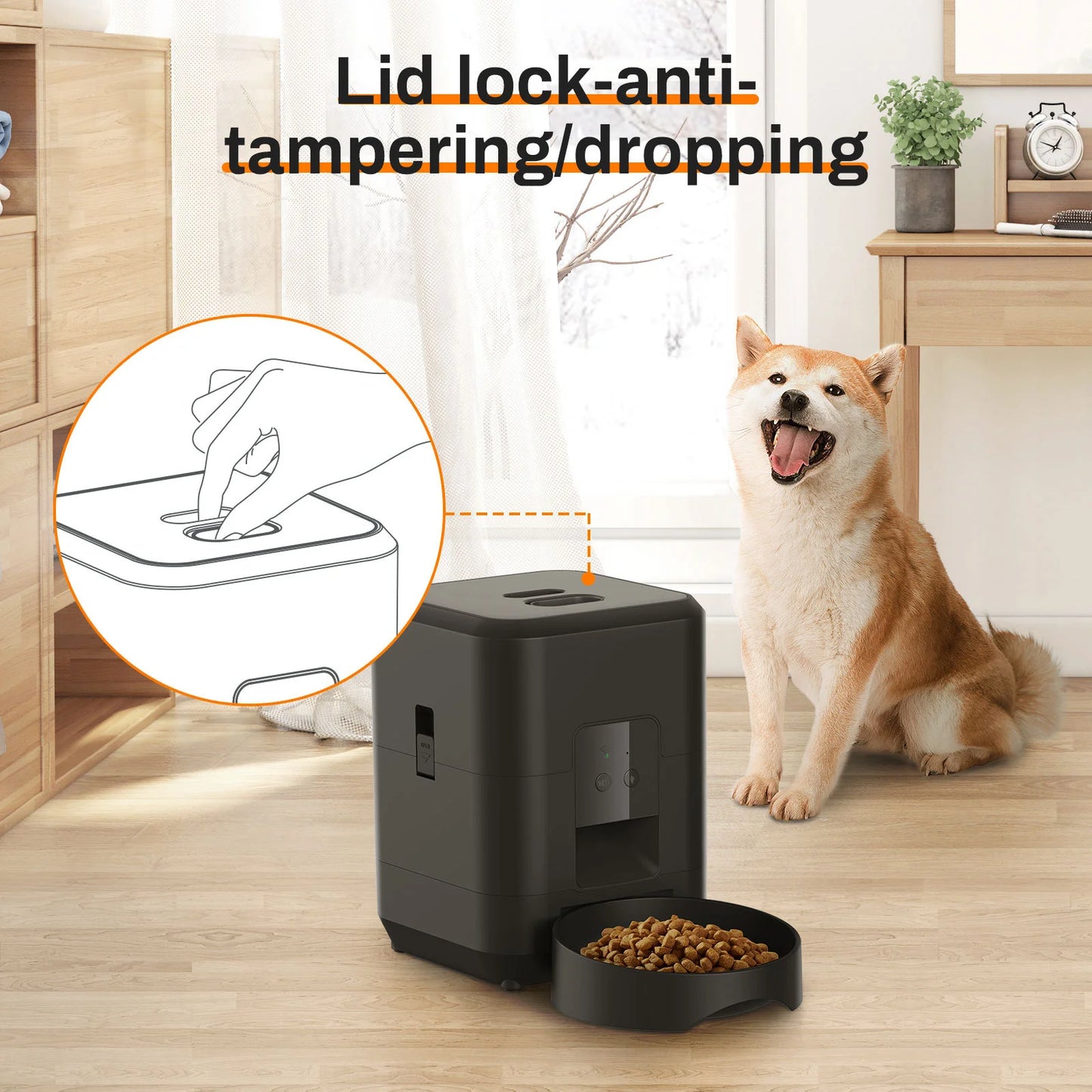 Vessel Tech HEYBO Smart Pet Feeder with lid lock feature, front view, and food bowl.