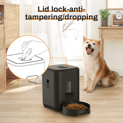 Vessel Tech HEYBO Smart Pet Feeder with lid lock feature, front view, and food bowl.