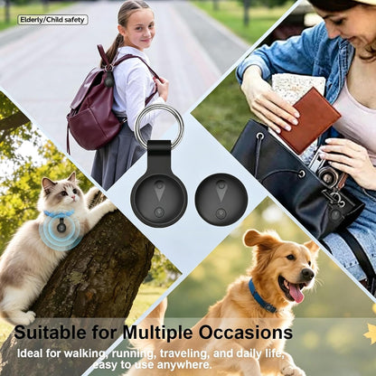 Vessel Tech GPS pet tracker in black with multiple uses shown, including on a dog and in a bag
