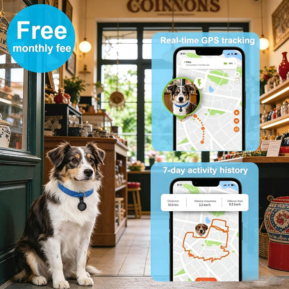 Vessel Tech GPS pet tracker displayed on a dog with real-time tracking app on a smartphone in a pet-friendly store