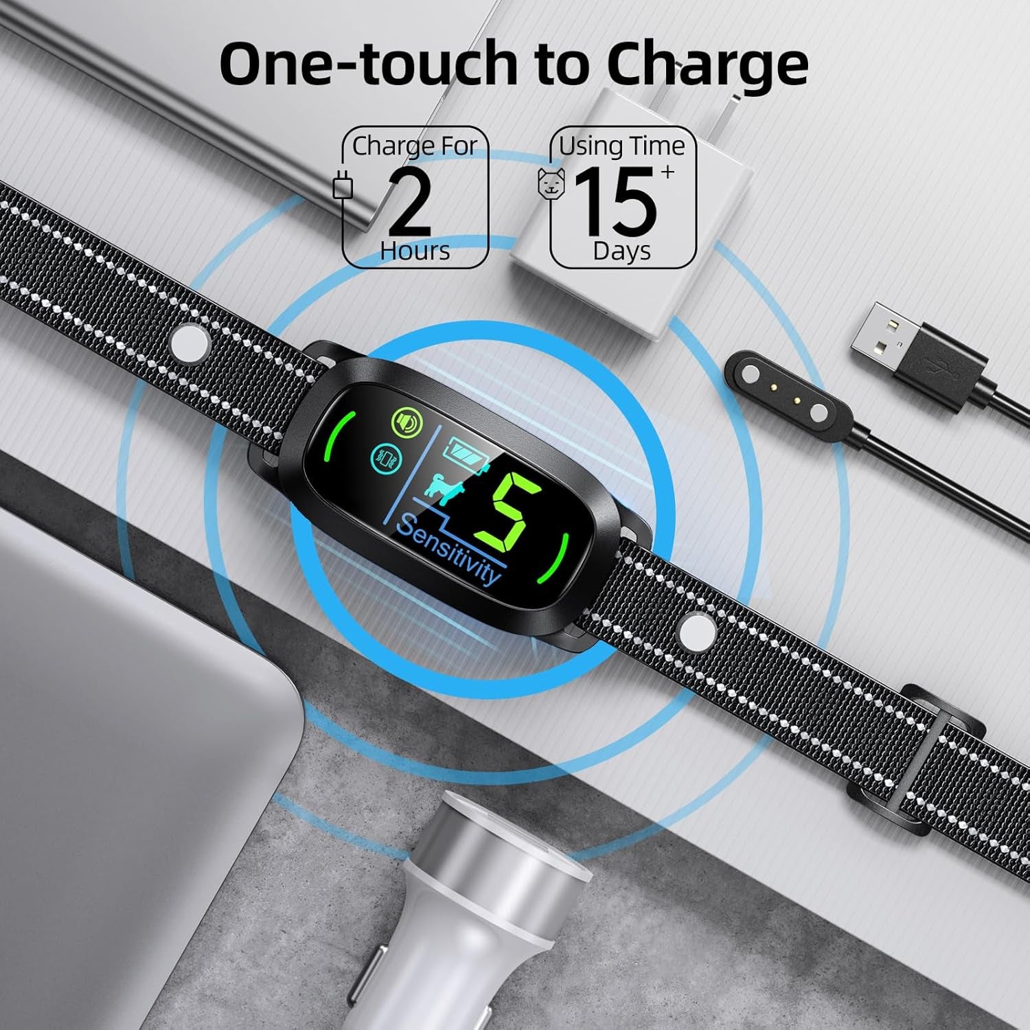 Vessel Tech Bark Training Collar with charging cable on a surface, top view