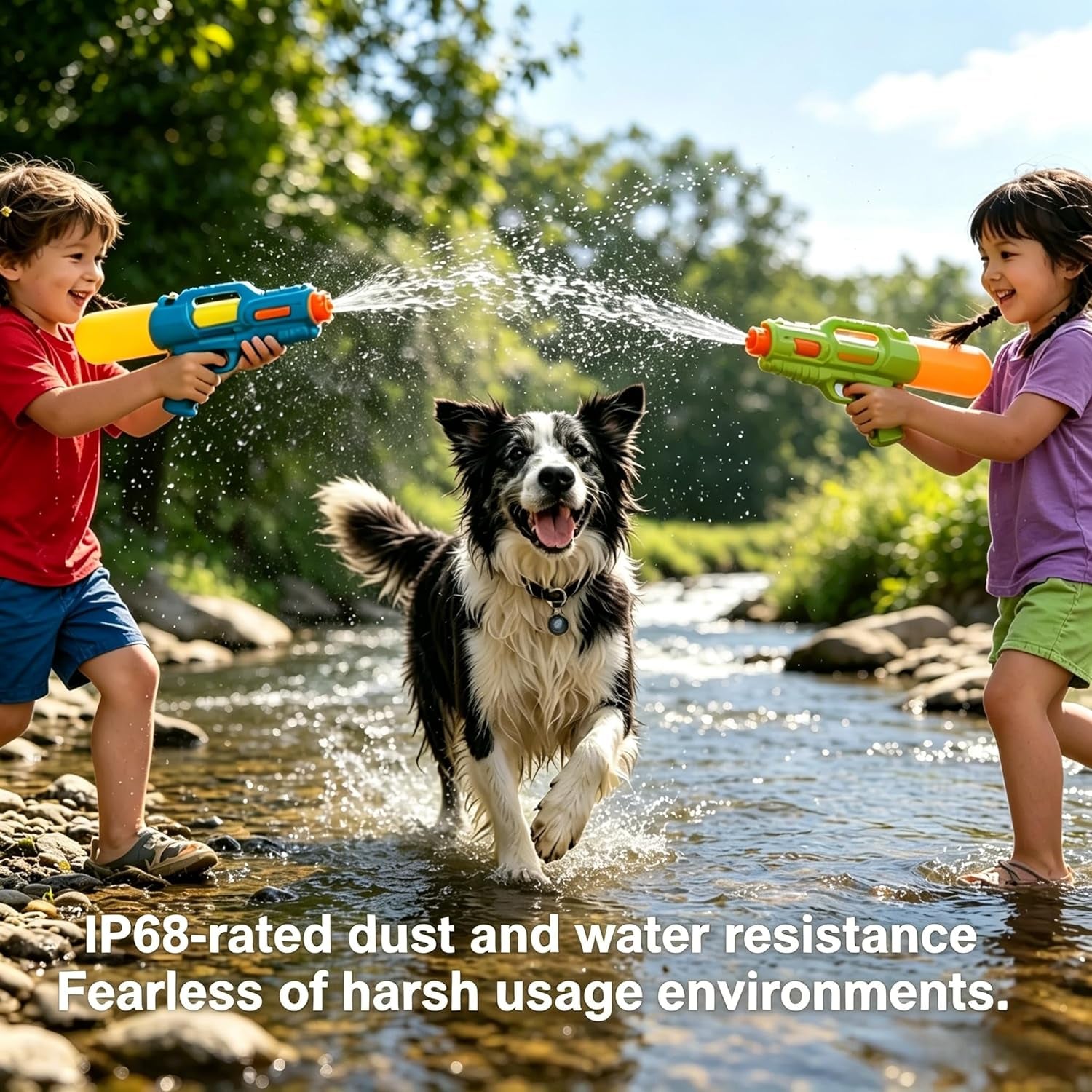 Vessel Tech GPS pet tracker in use with a dog running through water during playtime