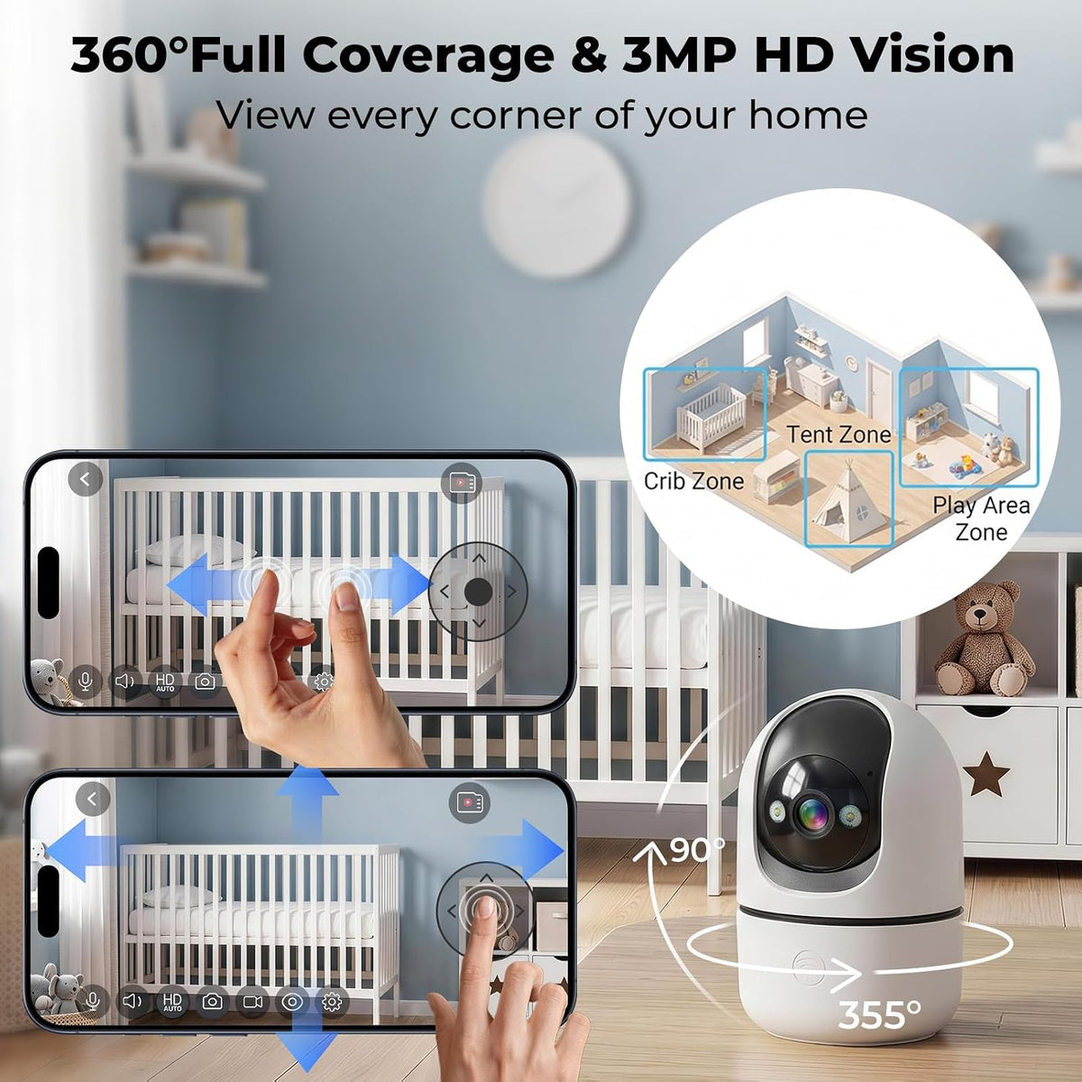 HomeWatch 360 indoor pet and family camera with pan, tilt, and night vision