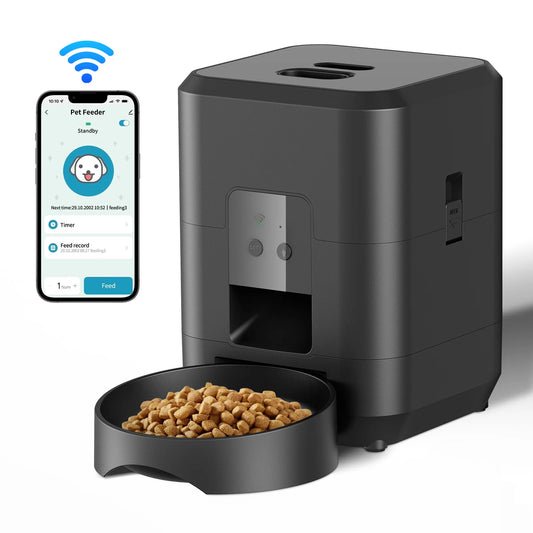 Vessel Tech HEYBO Smart Pet Feeder in black with kibble, front view