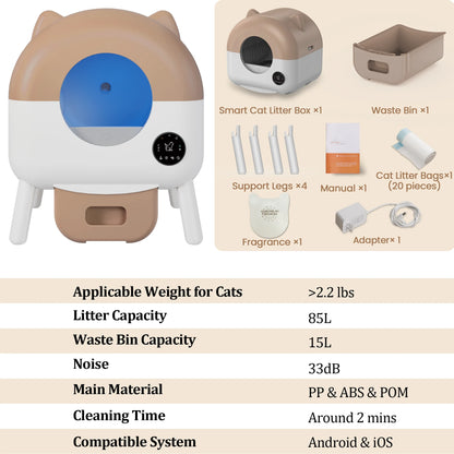 Self Cleaning Cat Litter Box, Extra Large Capacity Automatic Litter Box for Multiple Cat, App-Controlled with Odor Removal & Safety Protection (Includes Trash Bags)