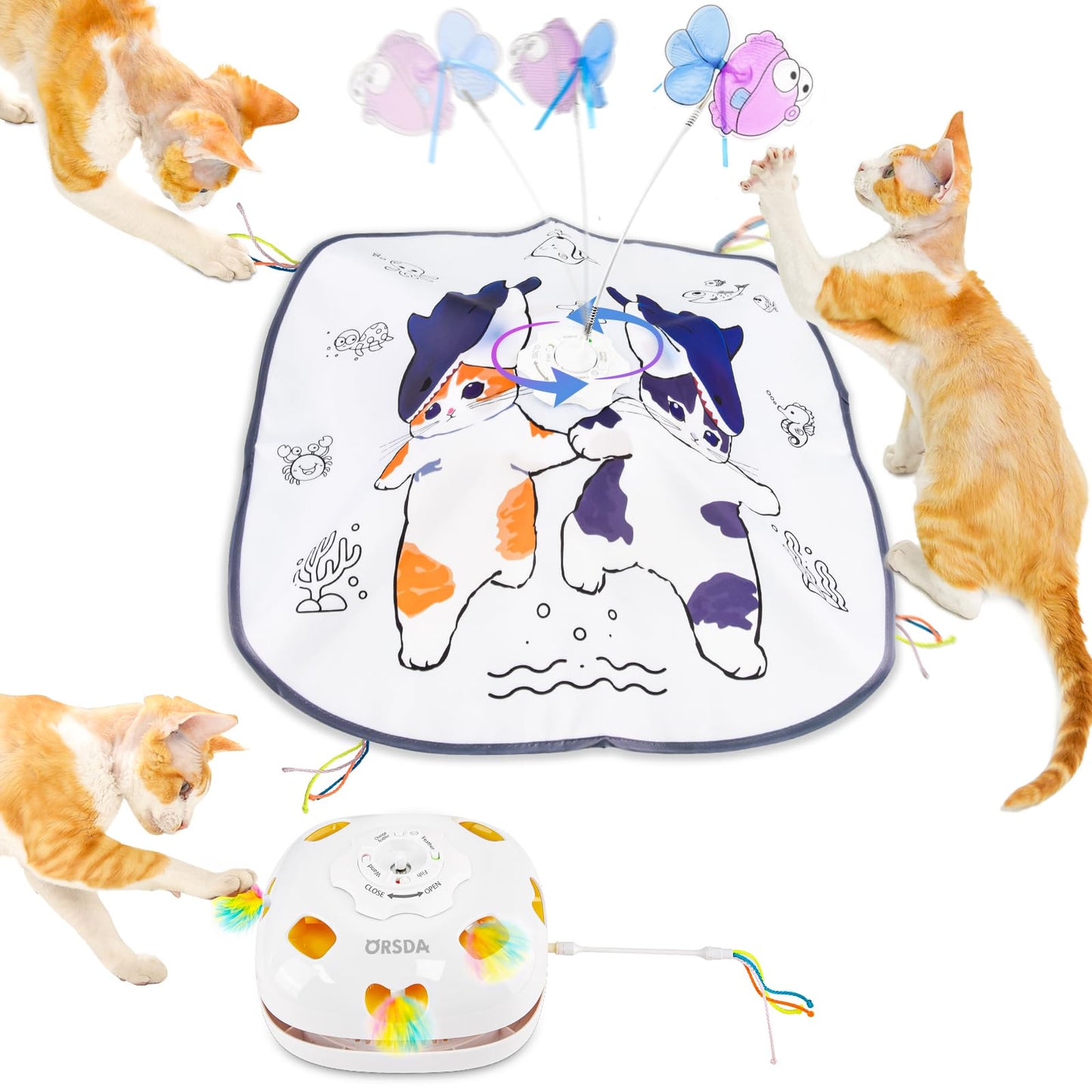 Vessel Tech 5-in-1 Smart Cat Enrichment Station with multiple cats interacting, top view