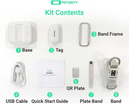 Vessel Tech smart pet collar kit contents including base, tag, and accessories