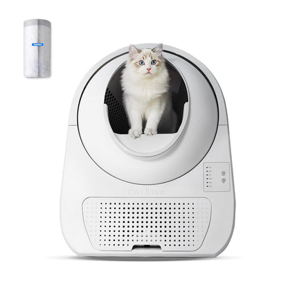 Vessel Tech Throne Smart Self-Cleaning Litter Suite in Arctic White, front view with cat inside