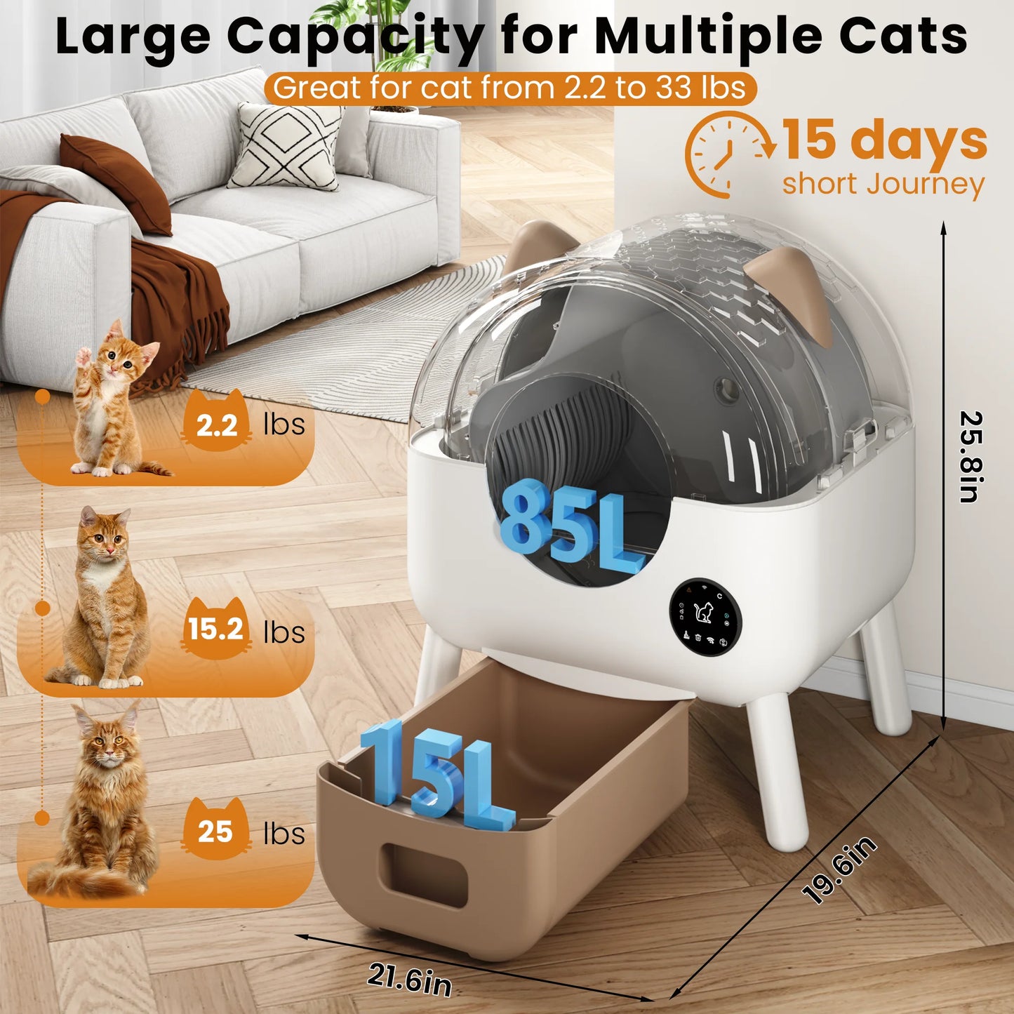 Self Cleaning Cat Litter Box, Extra Large Capacity Automatic Litter Box for Multiple Cat, App-Controlled with Odor Removal & Safety Protection (Includes Trash Bags)
