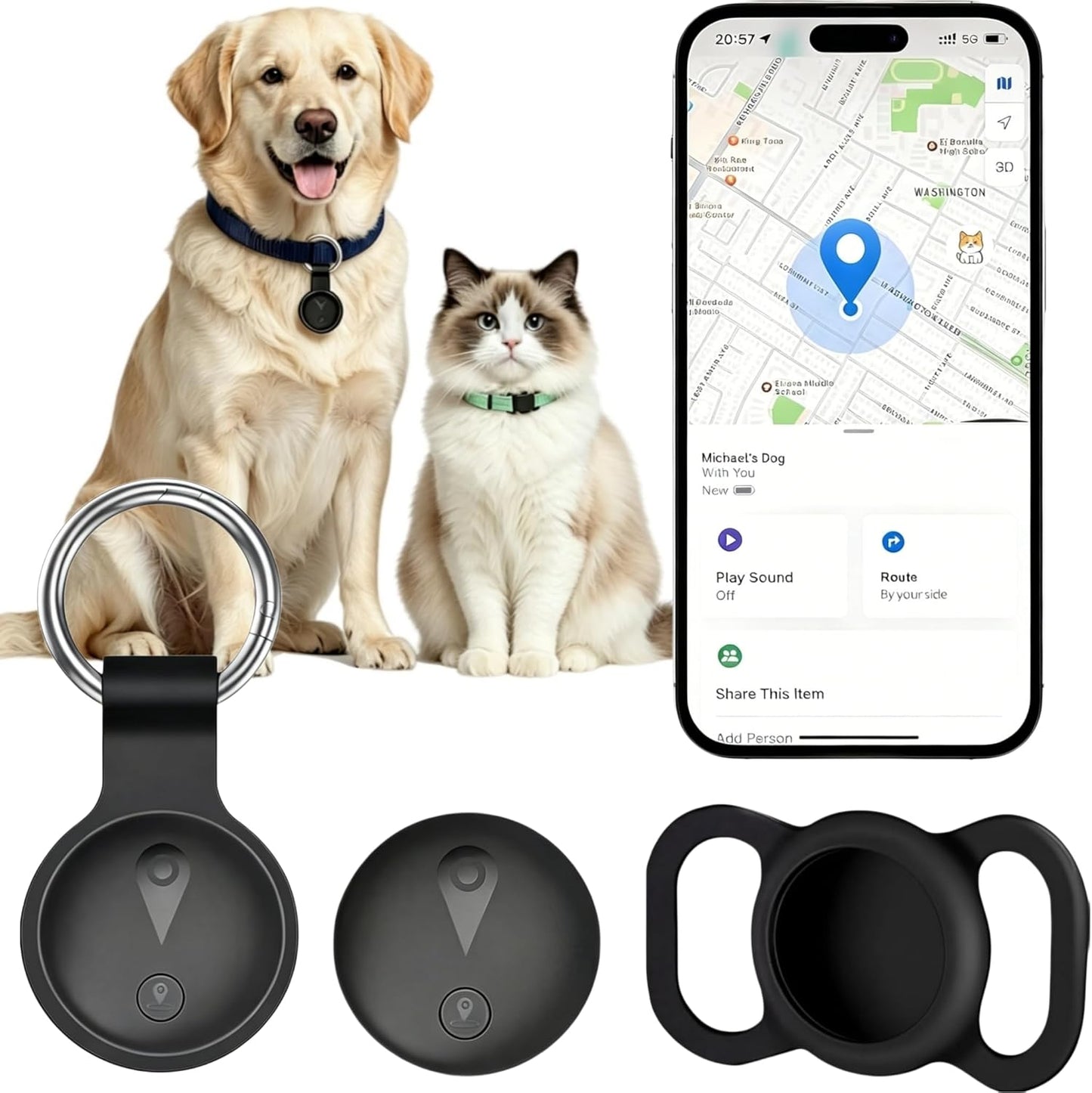 Vessel Tech ultra-slim GPS pet tracker in black with two attachment options and a smartphone showing location map.