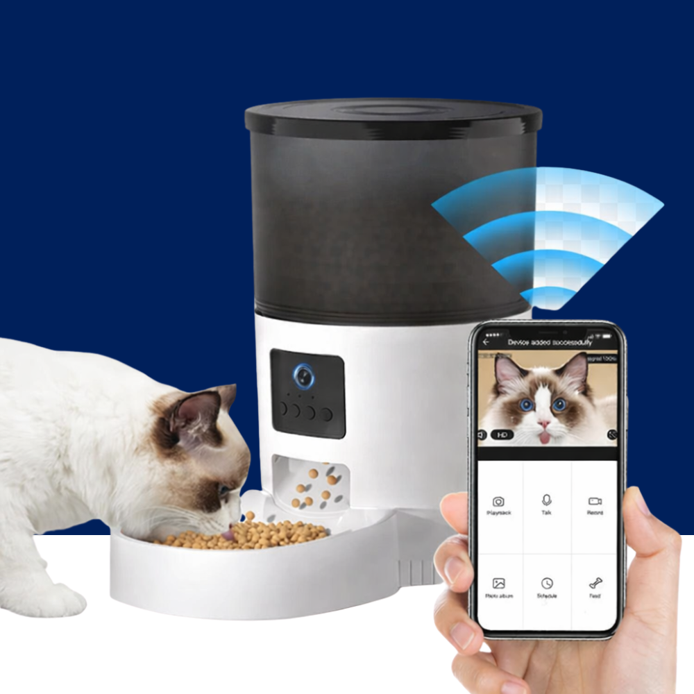 WTN Essentials Vessel Five SmartVision AI Pet Feeder in black with cat feeding, main view