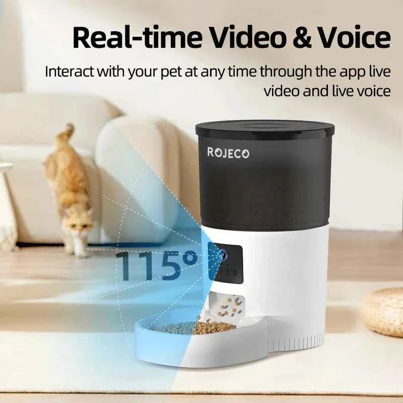 WTN Essentials Vessel Five SmartVision AI Pet Feeder in black with app interaction, side view