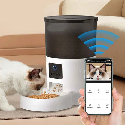 WTN Essentials Vessel Five SmartVision AI Pet Feeder in black with cat feeding, close-up view