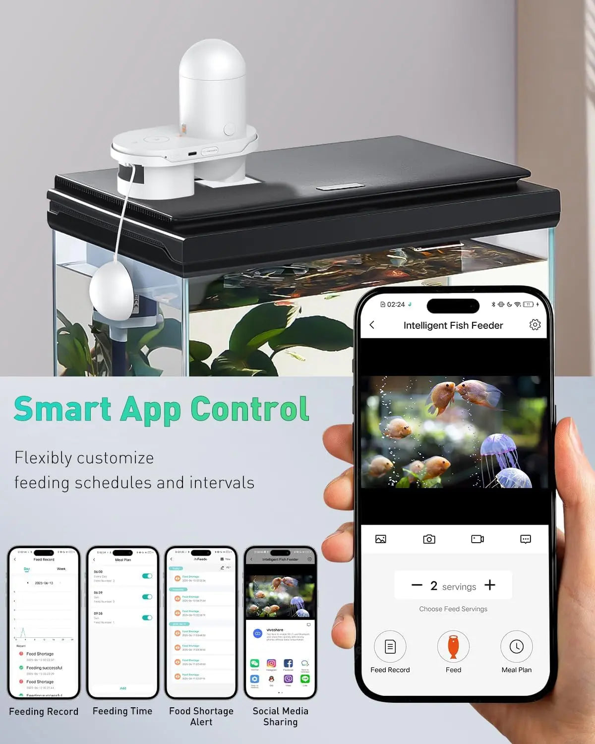 Wags & Whiskers AquaView Smart Feeder with app control, showing feeding schedule and fish tank setup