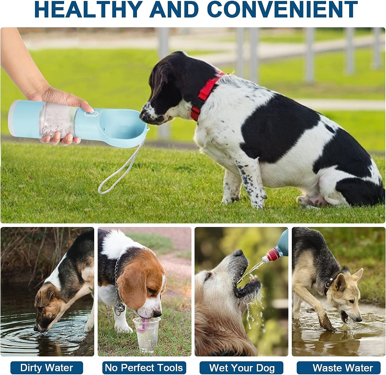 Ultimate 4-in-1 Portable Dog Water Bottle - Leakproof Travel Dispenser with Feeder, Waste Bag, and Poop Shovel for Pets on the Go - Perfect for Hiking and Walking in Blue