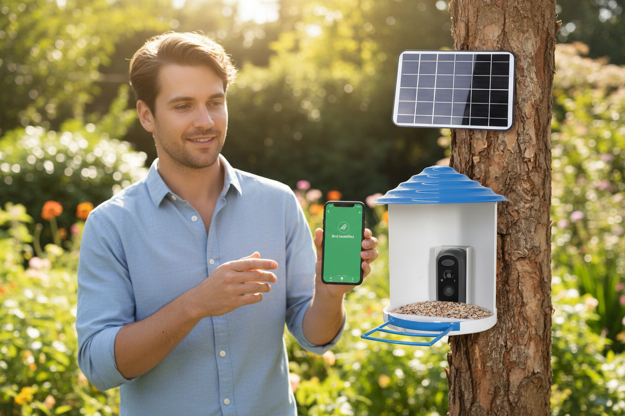 Vessel Tech DailySale Vessel One Solar AI Bird Navigator with smartphone, smart wildlife camera in garden