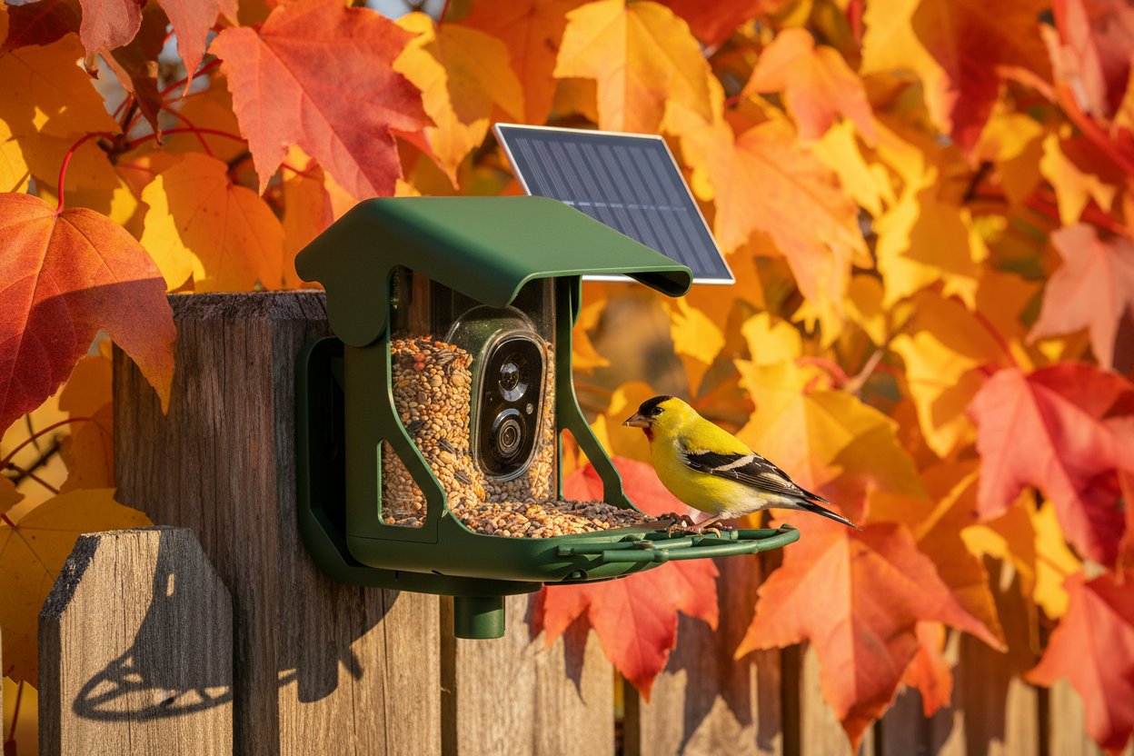 SkyWatch ProVision 2.5K™ Solar Bird Feeder in autumn fall garden