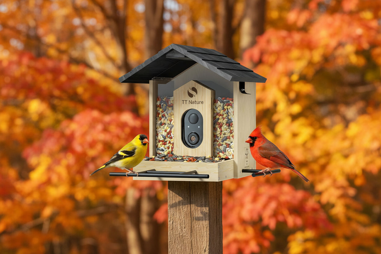 Netvue Birdfy™ Wood Bird Feeder in autumn fall garden setting