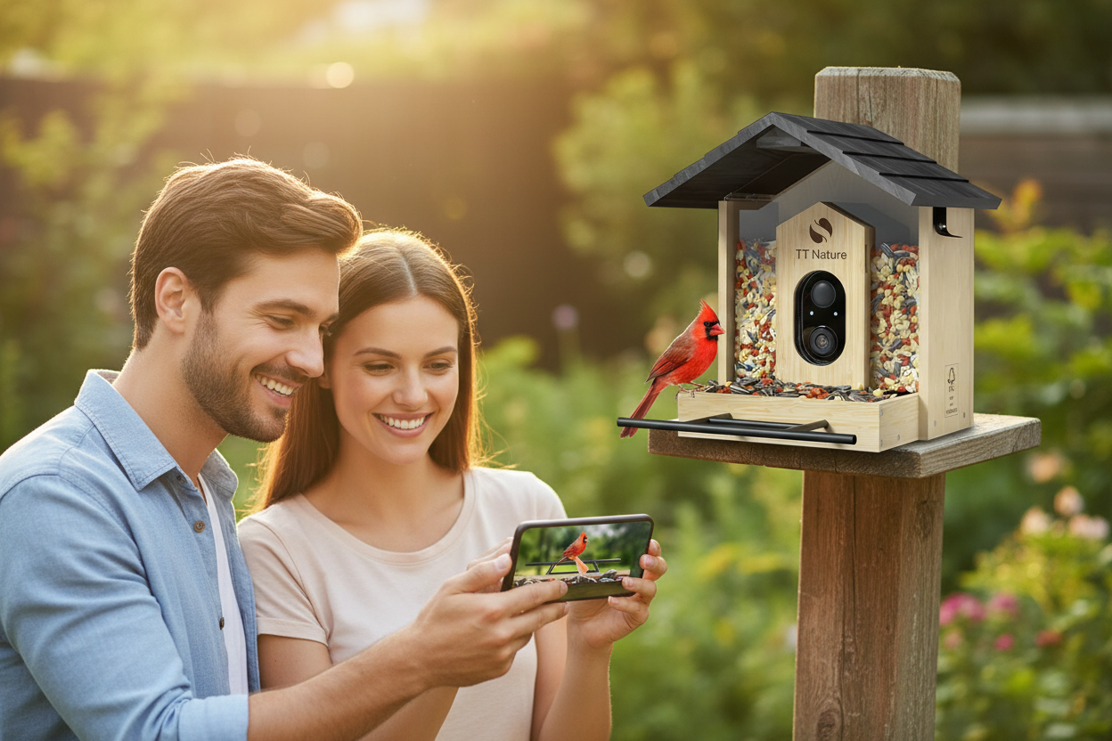 Backyard couple viewing live bird footage on phone via Netvue Birdfy™ app