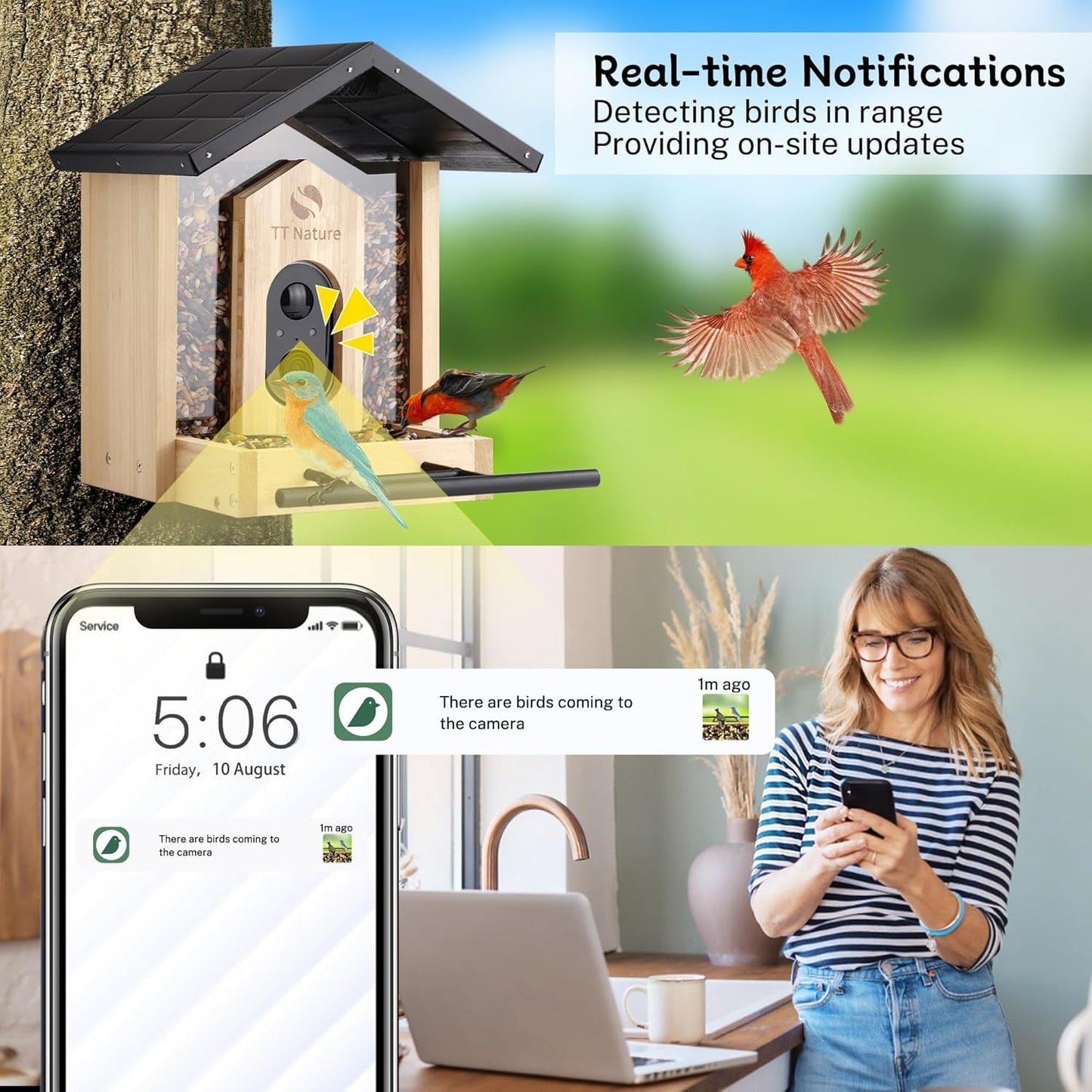 Netvue Birdfy™ AI Wood Bird Feeder — natural wood roof detail close-up