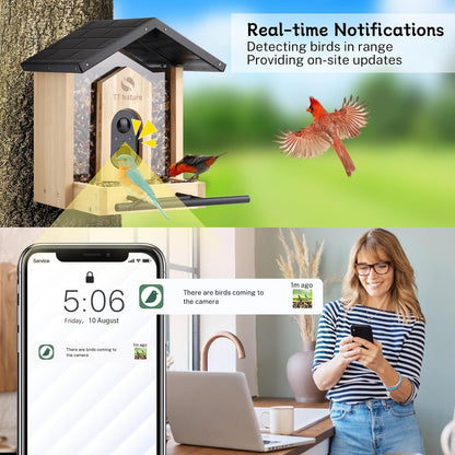 Netvue Birdfy™ AI Wood Bird Feeder — natural wood roof detail close-up