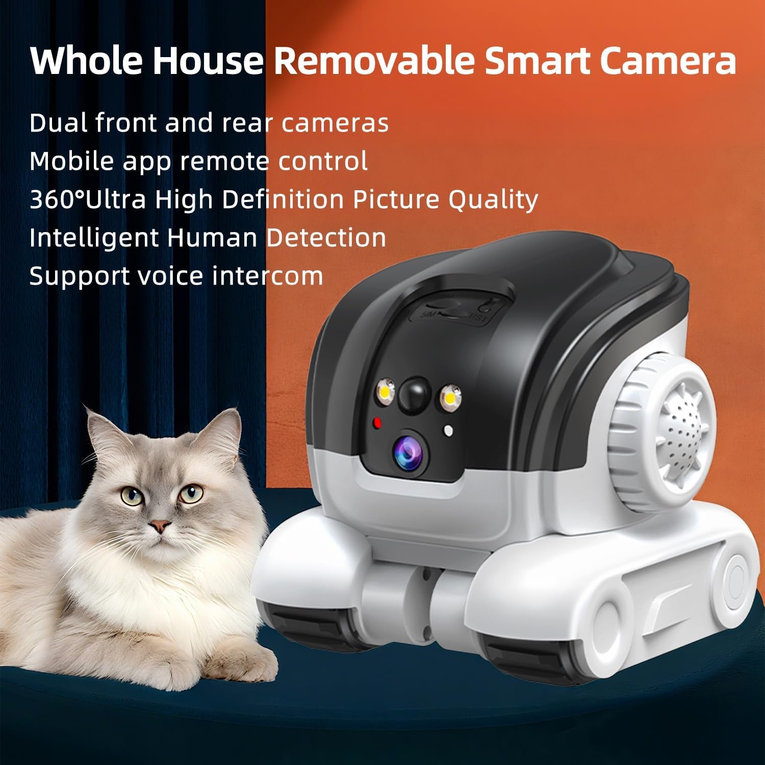 Robowatch Mini rolling through a room on patrol to check on a dog or cat