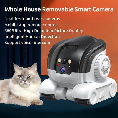 Robowatch Mini rolling through a room on patrol to check on a dog or cat