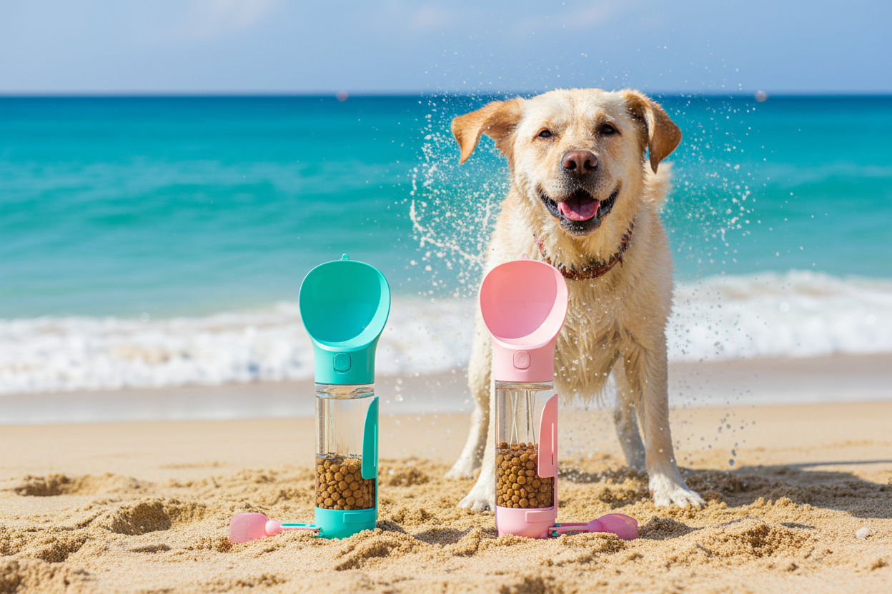 Vessel Tech AquaPaw 3-in-1 portable travel bottles in pink and blue on a beach with a happy dog