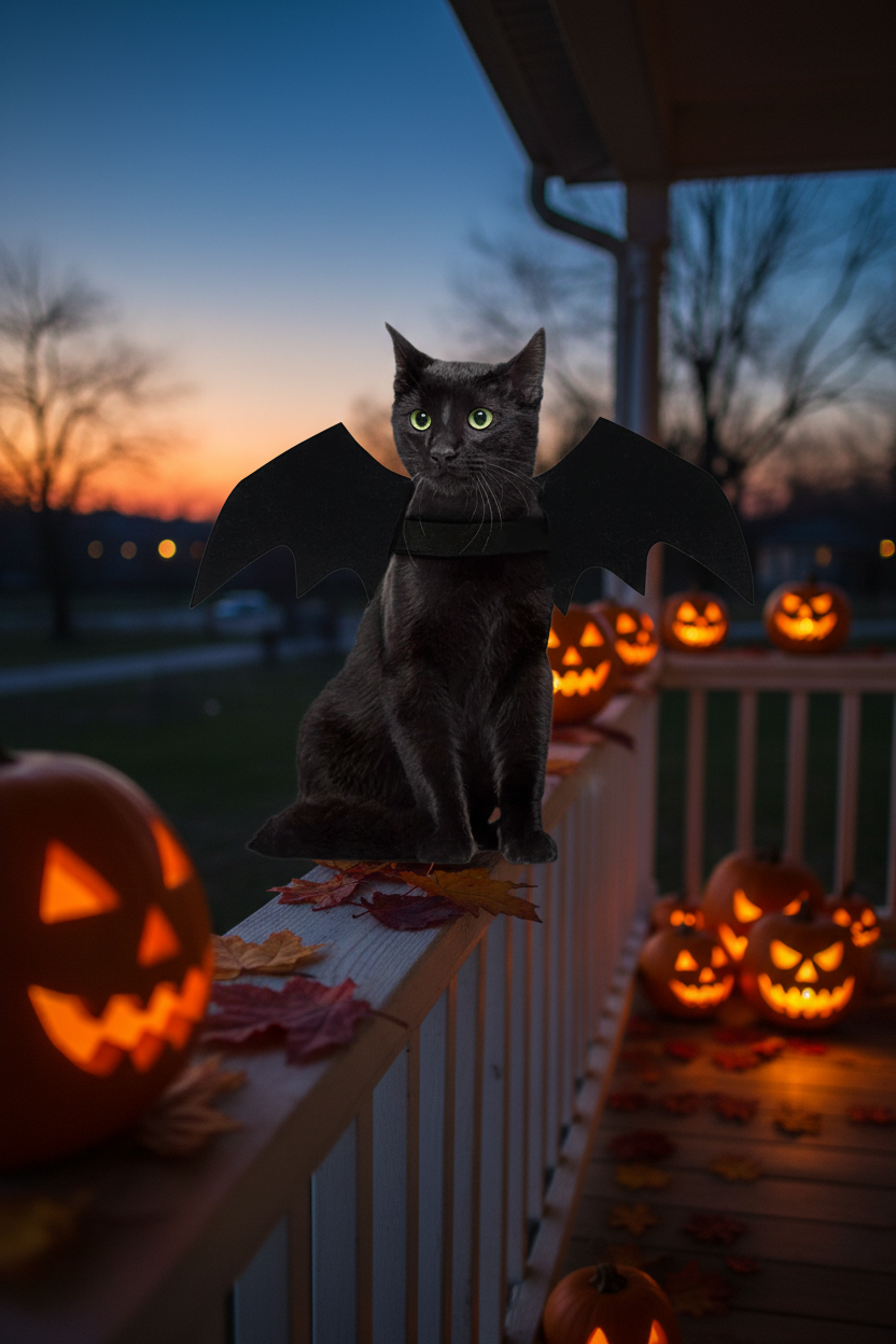 Black cat in the Batwings Halloween costume on a porch with lit jack-o-lanterns