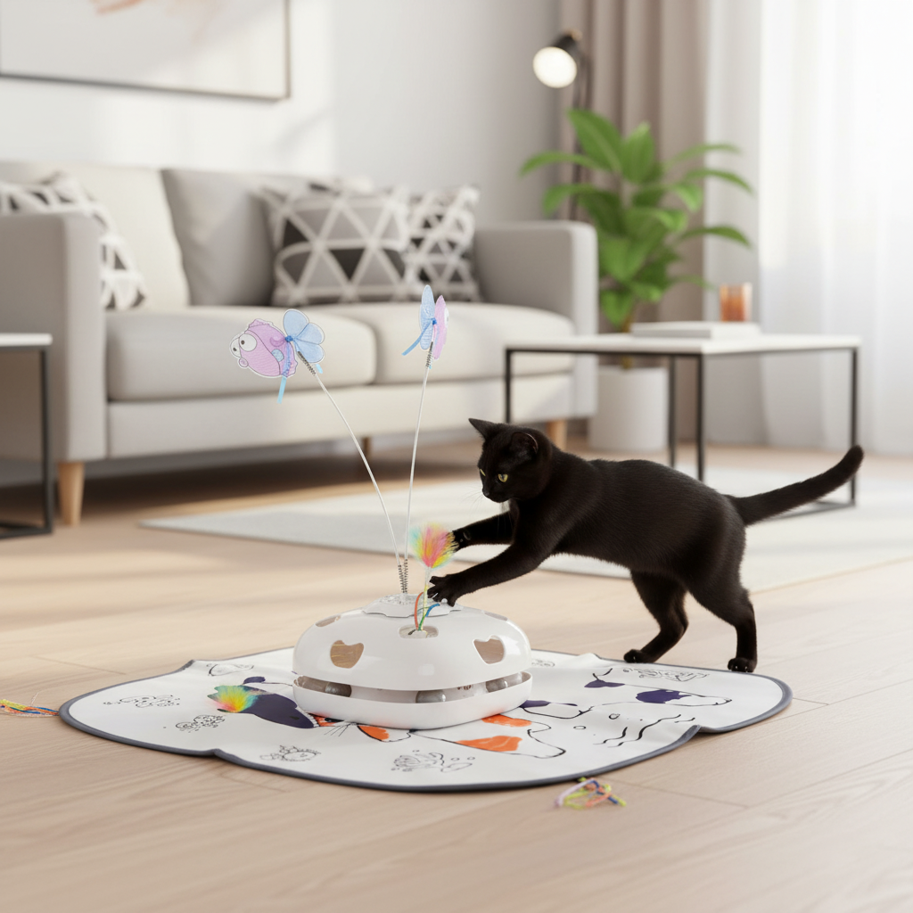 Vessel Tech 5-in-1 Smart Cat Enrichment Station with colorful toys and a cat playing, main view