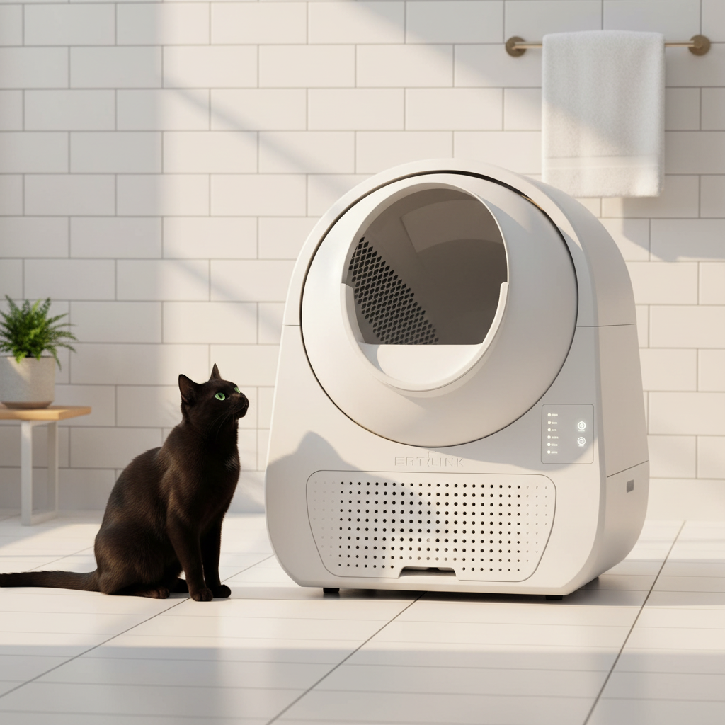 Vessel Tech Throne Smart Self-Cleaning Litter Suite in Arctic White, front view with cat