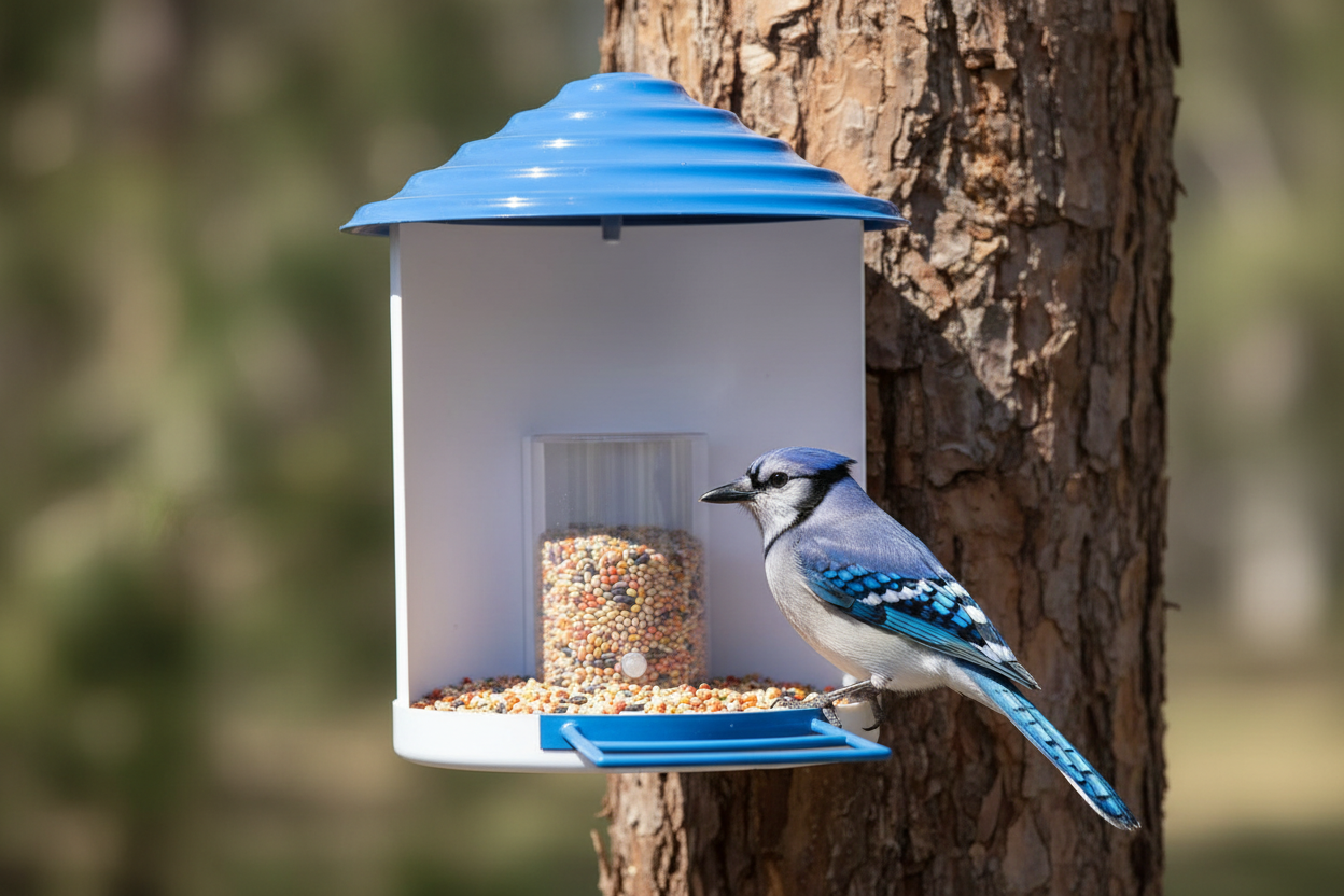 Vessel Tech DailySale Vessel One Solar AI Bird Navigator with blue jay, smart wildlife camera at bird feeder