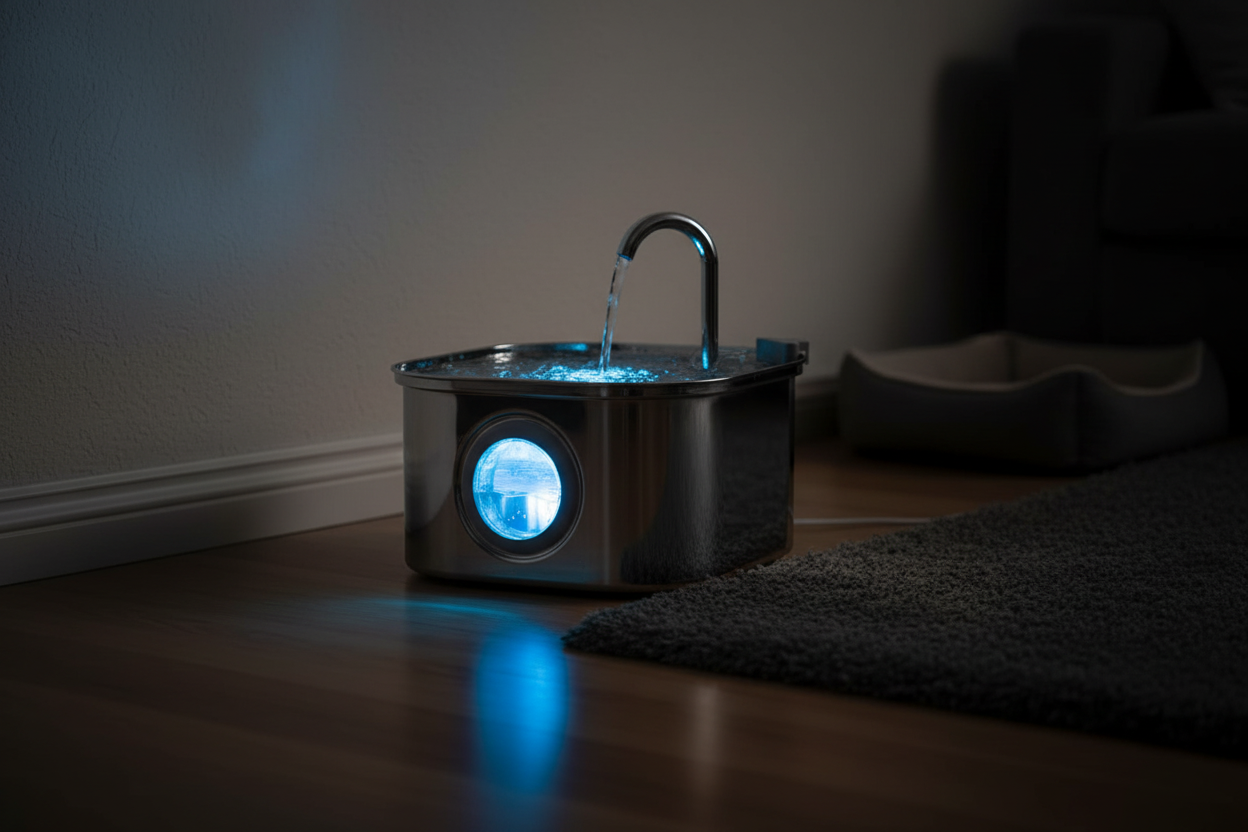 Vessel Tech Aqua Flow Pro stainless steel smart water fountain with blue light, side view in low light
