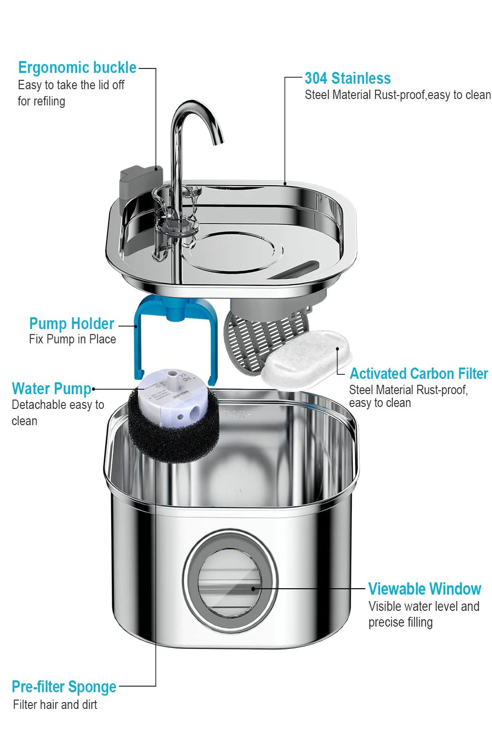 Vessel Tech Aqua Flow Pro stainless smart water fountain with viewable window and ergonomic buckle