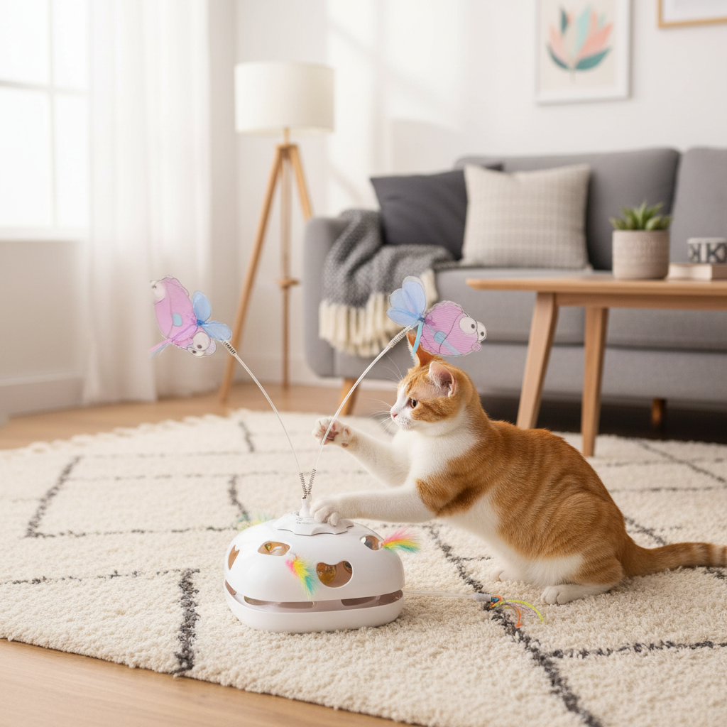 Vessel Tech 5-in-1 Smart Cat Enrichment Station with colorful attachments, front view, on a carpet.