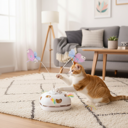 Vessel Tech 5-in-1 Smart Cat Enrichment Station with colorful attachments, front view, on a carpet.