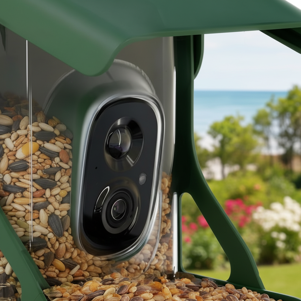 SkyWatch ProVision 2.5K™ camera hardware detail — 4MP lens and integrated solar panel