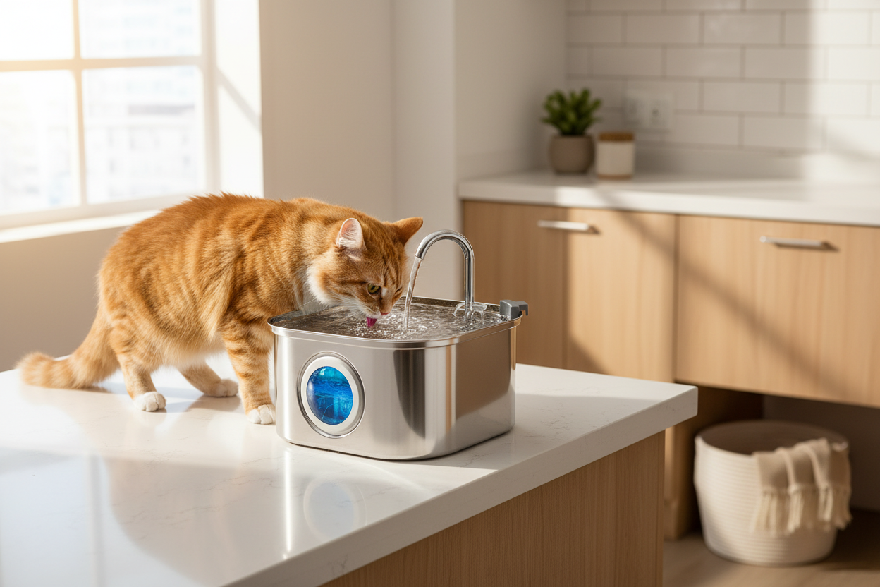 Vessel Tech Aqua Flow Pro smart water fountain in stainless steel with cat drinking