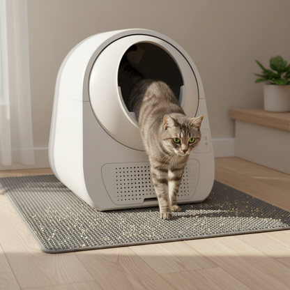 Vessel Tech gray cat litter mat with a cat exiting a modern litter box in a cozy setting.