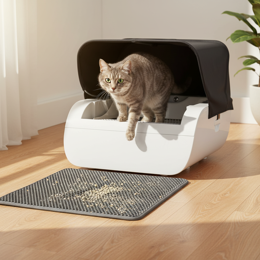 Vessel Tech gray cat litter mat with a tabby cat exiting a white litter box.