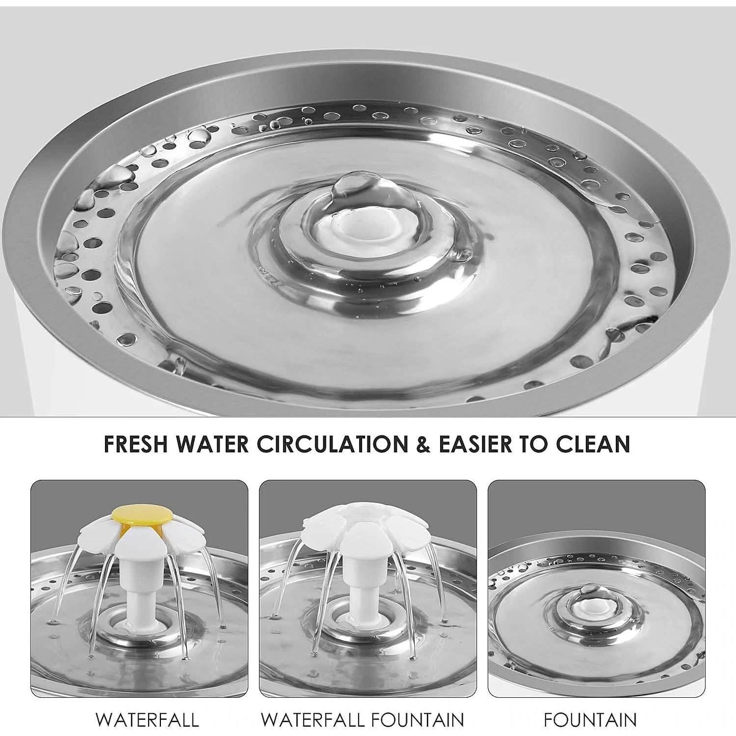 Vessel Tech Aqua Flow pet water fountain showing waterfall feature and cleaning components, top view.